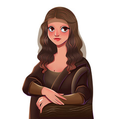 Portrait of Mona Lisa on transparent background. Cute hand drawn character in cartoon style. Leonardo da Vinci inspired.