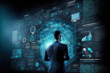 Wall Mural - internet network security technologies cybersecurity and privacy ideas for data protection Businessman using virtual screen interfaces to secure sensitive data on a galagraphic display. AI