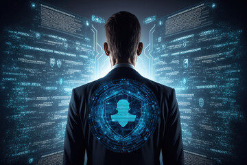 Wall Mural - internet network security technologies cybersecurity and privacy ideas for data protection Businessman using virtual screen interfaces to secure sensitive data on a galagraphic display. AI