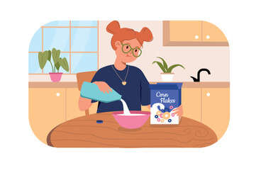 Fototapete - children preparing breakfast concept with people scene in flat design. teenager girl pouring milk in