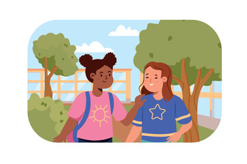 Fototapete - children friends on school yard concept with people scene in flat design. two happy schoolgirl talki