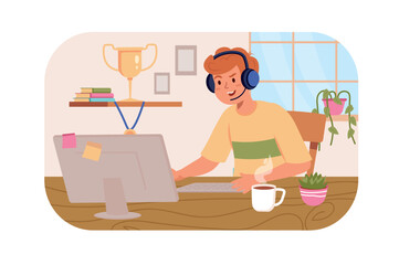 Aufkleber - Children gaming concept with people scene in flat design. Cheerful teenager boy in headphones playing online video game on computer at home. Vector illustration with character situation for web