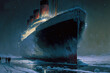 Side view of Titanic ship in the night. Generative AI.