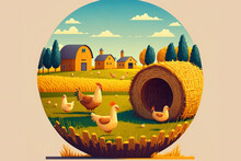 Agricultural Field With Hay Bales And A Hen Grazing On The Grass. Countryside, Farming, And Chickens In A Cartoon Setting With Rolled Wheat Straw, Yellow Haystacks, And A Red Barn. Generative AI