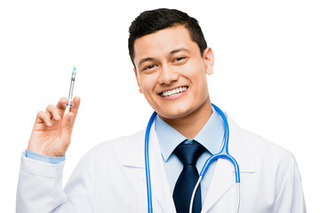 A young male doctor ready to administer an injection isolated on a PNG background.