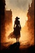 Leinwandbild Motiv Female gunslinger sunset western postapocalypse created with AI