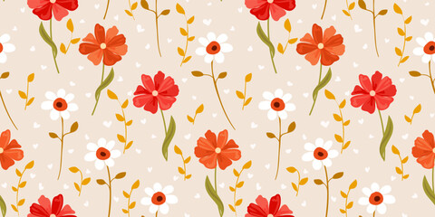 Wall Mural - Floral fashion print pattern design. Hand drawn painting spring small flowers. flower seamless background. Little white, red and orange color meadow flowers and tiny Valentine hearts