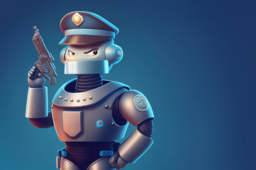 Robot policeman standing with a gun over blue background with copy space, generative AI illustration