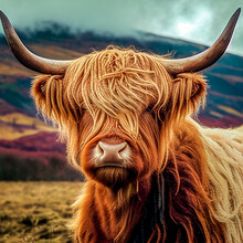 Scottish Highland Cow In A Pasture, Generative AI Illustration