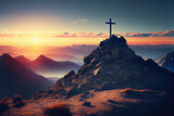 Fototapeta Krajobraz - The cross sits at the top of the mountain, and the light shines on Calvary Hill. at sunrise concept of ascension day Christian Easter. Hope, Faith, Faith in Jesus Christ, Christianity Generative AI