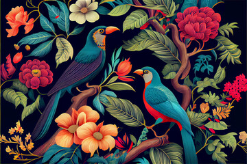 Tropical exotic pattern with parrots and flowers in bright colors, generative AI