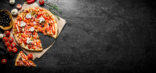 Poster - Fragrant sliced Mexican pizza with mushrooms and tomatoes.