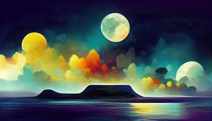 Wall Mural - futuristic night landscape with abstract landscape and island