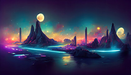 Wall Mural - futuristic fantasy night landscape with abstract landscape and island