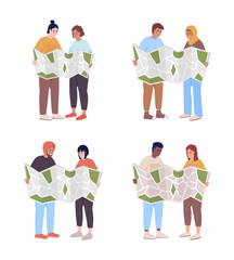 Poster - Couple road journey semi flat color vector characters set. Editable figure. Full body people on white. Consulting map simple cartoon style illustration pack for web graphic design and animation