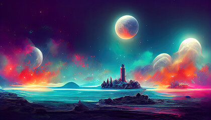 Wall Mural - futuristic fantasy night landscape with abstract landscape and island