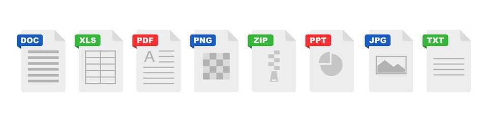 File format flat icon set. Document file icons