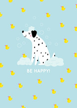 Cute Cartoon Dog Happy Grooming. Pet Washing Service Flat Vector Illustration. Happy Bathing Pet 