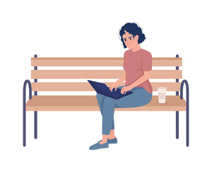Poster - female freelancer working remotely on bench semi flat color vector character. editable figure. full 