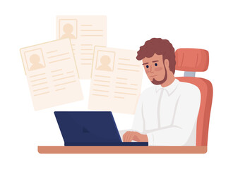 Poster - Human resources manager evaluating resumes semi flat color vector character. Editable figure. Half body person on white. Simple cartoon style illustration for web graphic design and animation