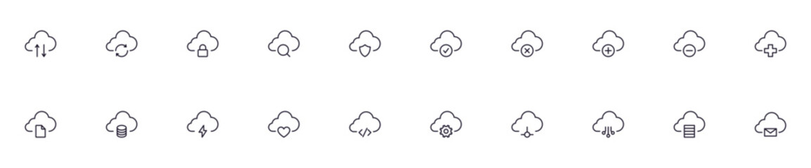 Fototapete - Cloud concept. Collection of modern high quality cloud line icons. Editable stroke. Premium linear symbol for web sites, flyers, banners, online shops and companies.
