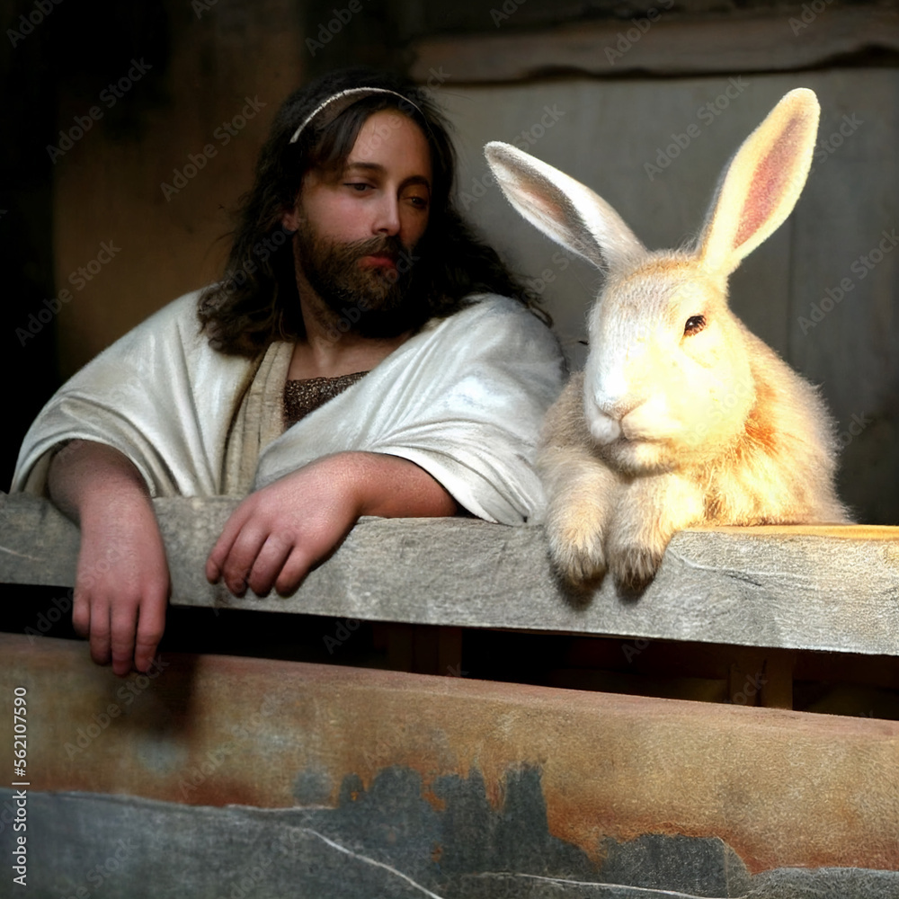 Jesus and the Easter Bunny Chilling Out Rabbit Fluffy White Ears ...
