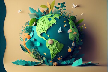 Eco-friendly environment and Earth Day with a globe and paper art. Generative AI