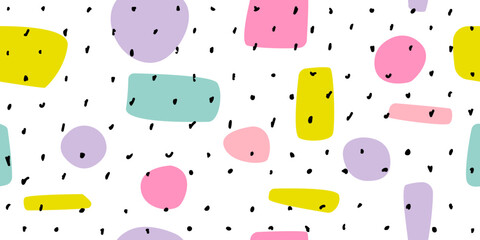 Poster - Colored elements on the background and black polka dots. Hand drawn casual and funny simple pattern or wallpaper.