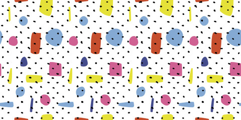 Poster - Pattern is abstract and casual. Colored elements on the background and black polka dots. Hand drawn casual and funny simple pattern or wallpaper.