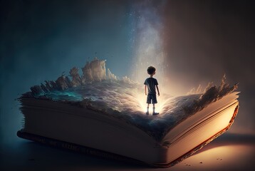 Wall Mural - a boy stand on a giant book opened on ground with fairytale nature pop out from paper page, idea for imagination of childhood theme background wallpaper Generative Ai