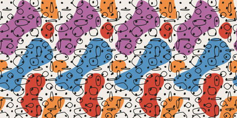 Poster - The pattern is abstract and casual with colored elements on the background and black polka dots. Vector seamless pattern for print.
