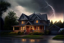 Lighting Storm Over A Suburban House. Generative AI