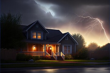 lighting storm over a suburban house.. generative ai