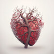 Minimal concept of a red, love heart in nature, made from a tree trunk. White background. Illustration. Generative AI.