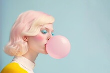 Illustrated Portrait Of A Young Blonde Girl Chewing Pink Gum And Making Bubble Gum Balloons. Fashion Makeup And Short Hair Style. Illustration. Generative AI.