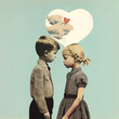 © Uncanny Valley - Colorful retro, vintage, abstract collage, creative way of showing love, kids and symbols. An old fashioned poster that is modern and contemporary. Illustration. Generative AI.
