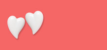 Two White Hearts On A Red Background. Simple Concept For Valentine's Day Holiday