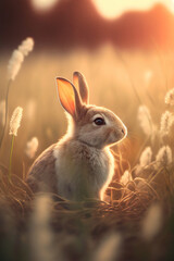 Wall Mural - Cute Bunny rabbit sitting in a dreamy field at Easter during the spring season, Generative AI stock illustration image