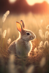 Sticker - Cute Bunny rabbit sitting in a dreamy field at Easter during the spring season, Generative AI stock illustration image