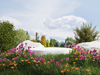 Wall Mural - White podium in field of flowers for product presentation behind is a view of the sky.