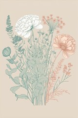 Wall Mural - pastel duotone wildflower bouquet, in the style of minimalist line work