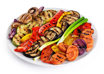 Wall Mural - Grilled vegetables eggplants aubergine, carrots, zucchini, champignons, bell pepper, onion on a plate isolated on white background. With clipping path.