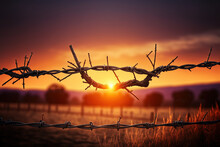 The Sun Is Setting Behind A Barbed Wire Fence, Generative AI
