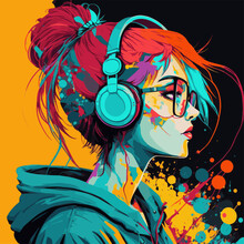 Pretty Girl With Headphones. Music. Side View. For Posters, Notebooks, T-shirts, Clothing, Mugs, Prints.