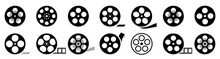 Film Reel Icon Set. Black Movie Reel Icon In Vintage Style. Old Retro Reel With Film Strip Collection. Vector Illustration