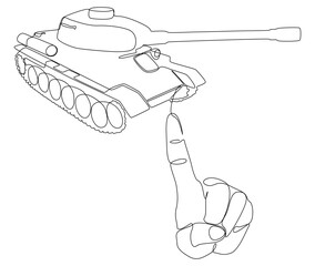 Poster - One continuous line of index finger pointng at Armored Tank. Thin Line Illustration vector concept. Contour Drawing Creative ideas.