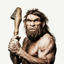 Portrait Of A Menacing Primitive Neanderthal Caveman Male Holding A Wooden Club Isolated On A White Background