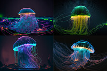 Neon Glowing Jellyfish In Deep Dark Water. AI Generated.