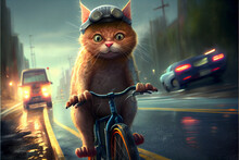 A Cyclist Cat Rides A Bicycle Along A Busy Highway Through The City.