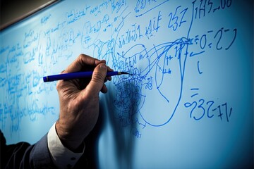  a man writing on a blue board with a pen in his hand and writing on it with blue chalk on it with a marker in his hand and a suit jacket and tie, and., generative ai